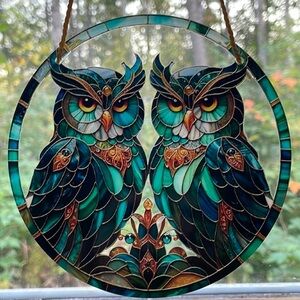 Suncatcher Acrylic Green Owl Jewel Wildlife Decorative Faux Stained Glass New